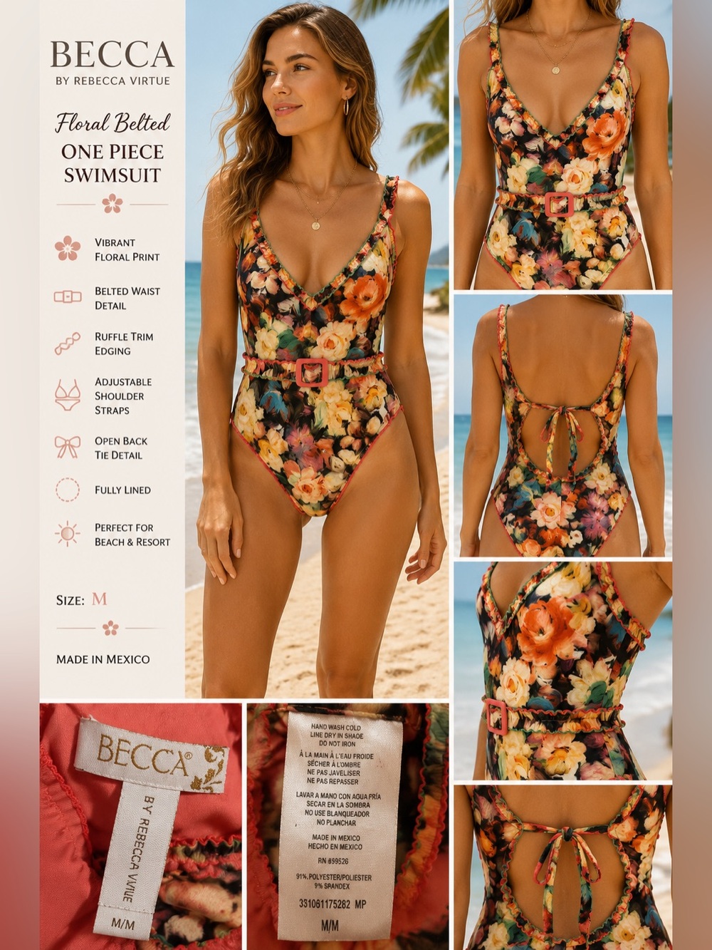Becca by Rebecca Floral Belted One Piece Swimsuit Medium Open Back Ruffle Trim